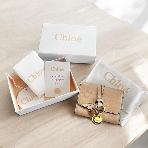 Chloe Handbags - Authentic Chloe Beige Pebbled Leather Compact Bifold Alphabet C Charm Wallet Set